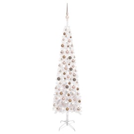vidaXL Úzky vianočný stromček s LED a sadou gulí biely 210cm