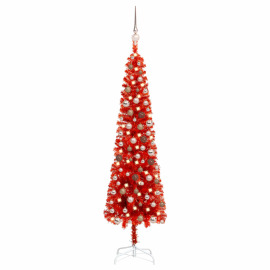 vidaXL Úzky vianočný stromček s LED a sadou gulí červený 150cm