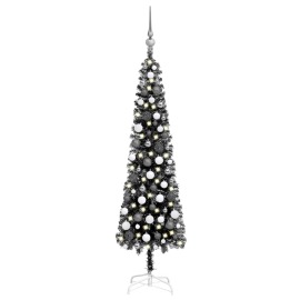 vidaXL Úzky vianočný stromček s LED a sadou gulí čierny 120cm