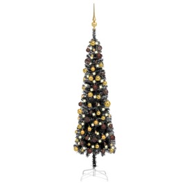 vidaXL Úzky vianočný stromček s LED a sadou gulí čierny 150cm
