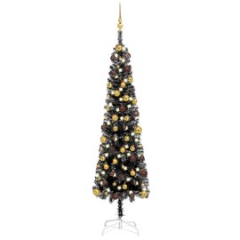vidaXL Úzky vianočný stromček s LED a sadou gulí čierny 180cm