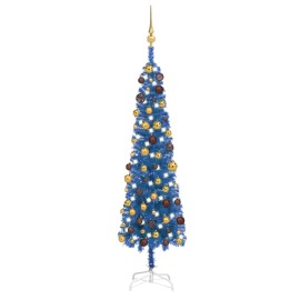 vidaXL Úzky vianočný stromček s LED a sadou gulí modrý 150cm