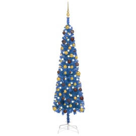 vidaXL Úzky vianočný stromček s LED a sadou gulí modrý 180cm