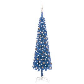 vidaXL Úzky vianočný stromček s LED a sadou gulí modrý 210cm