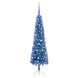 vidaXL Úzky vianočný stromček s LED a sadou gulí modrý 240cm