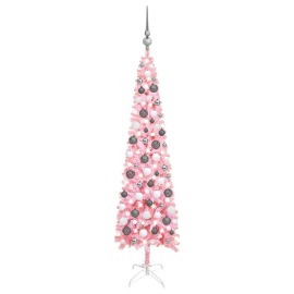 vidaXL Úzky vianočný stromček s LED a sadou gulí ružový 120cm