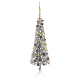 vidaXL Úzky vianočný stromček s LED a sadou gulí strieborný 150cm