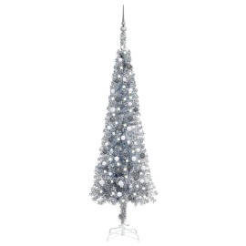 vidaXL Úzky vianočný stromček s LED a sadou gulí strieborný 240cm
