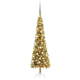vidaXL Úzky vianočný stromček s LED a sadou gulí zlatý 180cm