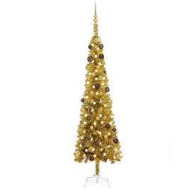 vidaXL Úzky vianočný stromček s LED a sadou gulí zlatý 210cm