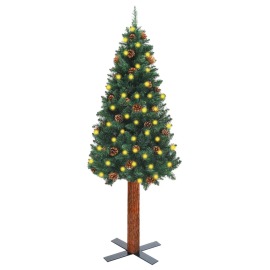 vidaXL Úzky vianočný stromček s LED, drevom a šiškami zelený 150cm