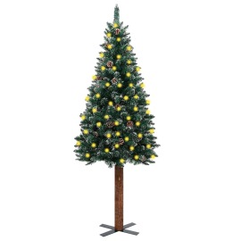 vidaXL Úzky vianočný stromček s LED, drevom a snehom zelený 150cm
