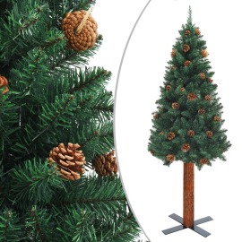 vidaXL Úzky vianočný stromček s pravým drevom a šiškami zelený 150cm PVC