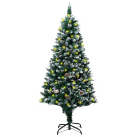 vidaXL Zasnežený umelý vianočný stromček s LED a borovicovými šiškami 150cm