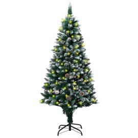 vidaXL Zasnežený umelý vianočný stromček s LED a borovicovými šiškami 180cm
