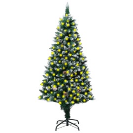 vidaXL Zasnežený umelý vianočný stromček s LED a borovicovými šiškami 240cm