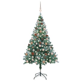 vidaXL Zasnežený vianočný stromček s LED, sadou gulí a šiškami 150cm