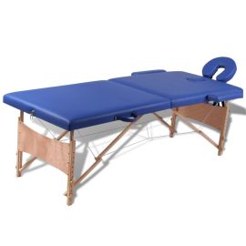 vidaXL Modrý skladací masážny stôl s 2 zónami a dreveným rámom