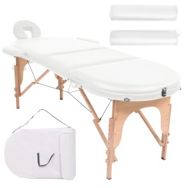 vidaXL Skladací masážny stôl, 4 cm hrubý, 2 podhlavnky, oválny, biely