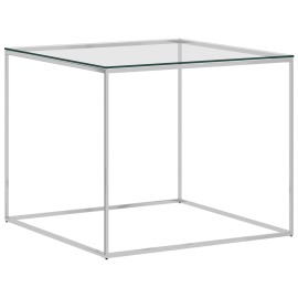 vidaXL Konferenčný stolík strieborný 50x50x43 cm nehrdzavejúca oceľ a sklo