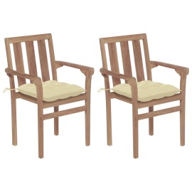 vidaXL Záhradné stoličky 2 ks krémovo-biele podložky tíkový masív
