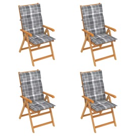 vidaXL Záhradné stoličky 4 ks so sivými kockovanými podložkami tíkový masív