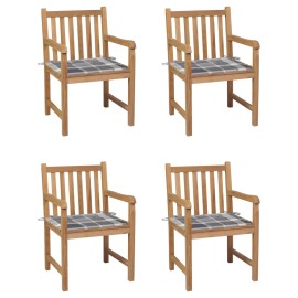 vidaXL Záhradné stoličky 4 ks so sivými kockovými podložkami teakový masív