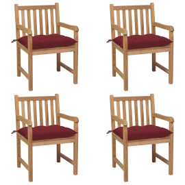 vidaXL Záhradné stoličky 4 ks s vínovo-červenými podložkami teakový masív