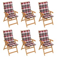 vidaXL Záhradné stoličky 6 ks s červenými kockovanými podložkami tíkový masív - cena, porovnanie