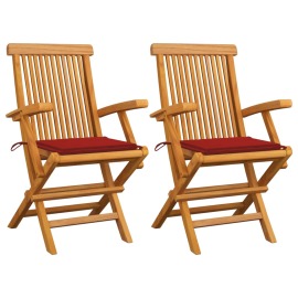 vidaXL Záhradné stoličky, červené podložky 2 ks, tíkový masív