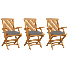 vidaXL Záhradné stoličky so sivými podložkami 3 ks tíkový masív