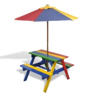vidaXL Detský piknikový stôl + lavičky a slnečník, rôznofarebný, drevo - cena, porovnanie
