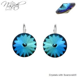 Naneth Strieborné náušnice Rivoli modré s kryštálmi Swarovski Bermuda Blue 12 mm