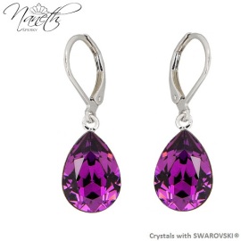 Naneth Náušnice s bordovými kryštálmi PEAR Swarovski Crystals Amethyst 14 mm