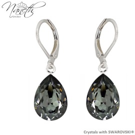 Naneth Náušnice s kryštálmi PEAR Swarovski Crystals Silver Night 14 mm