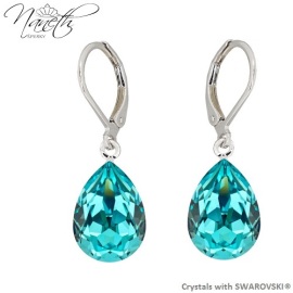 Naneth Náušnice s tyrkysovými kryštálmi PEAR Swarovski Crystals Light Turquoise 14 mm