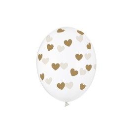 Party Deco Číre balóny so srdiečkami - Crystal Clear - 30cm, 6ks Zlatá