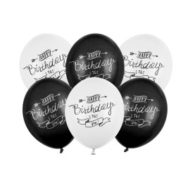 Party Deco Set balónov Happy Birthday 30cm - čierno-biele 6ks