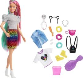 Mattel Barbie Leopardia bábika s dúhovými vlasmi a doplnkami