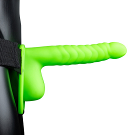 Ouch! Glow in the Dark Ribbed Hollow Strap-on with Balls 8"