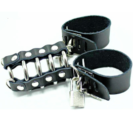Ohmama Fetish Leather Strap Metal Ring Cock Cage with Ball Divider