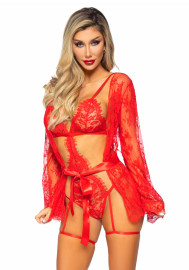 Leg Avenue Teddy, Lace Robe & Ribbon Tie