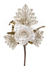 MagicHome Vetvička s ružou, bielo - zlatá, 26cm,