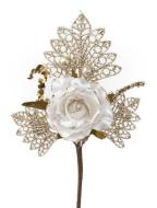 MagicHome Vetvička s ružou, bielo - zlatá, 26cm, - cena, porovnanie