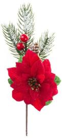 Strend Pro Vetvička Vianoce, s kvetom poinsettia červená, 22 cm
