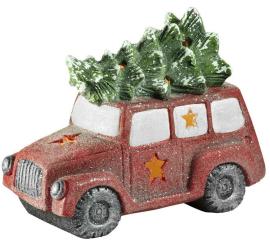 MagicHome Dekorácia Vianoce, Minivan so stromčekom, 1 LED, keramika, 35x19x29 cm