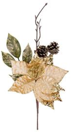 MagicHome Vetvička Vianoce, s kvetom poinsettia, zlatá, 34 cm