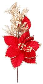 MagicHome Kvet Vianoce, Poinssetia, červený so zlatým lemovaním, stonka, 31 cm