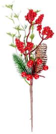 MagicHome Vetvička Vianoce, s bobuľkami a šiškami, červená, zasnežená, 27 cm