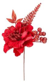 MagicHome Vetvička Vianoce, s kvetom, červená, 28 cm